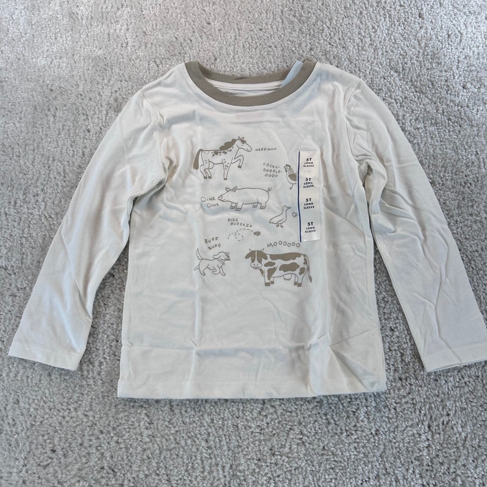 Cat & Jack Kids 5T Cream Long Sleeve Farm Animal Graphic Tee Shirt
